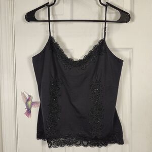 WD•NY Silk Blend Beaded Lace Cami Tank Top M Black Y2K Coquette Evening Party